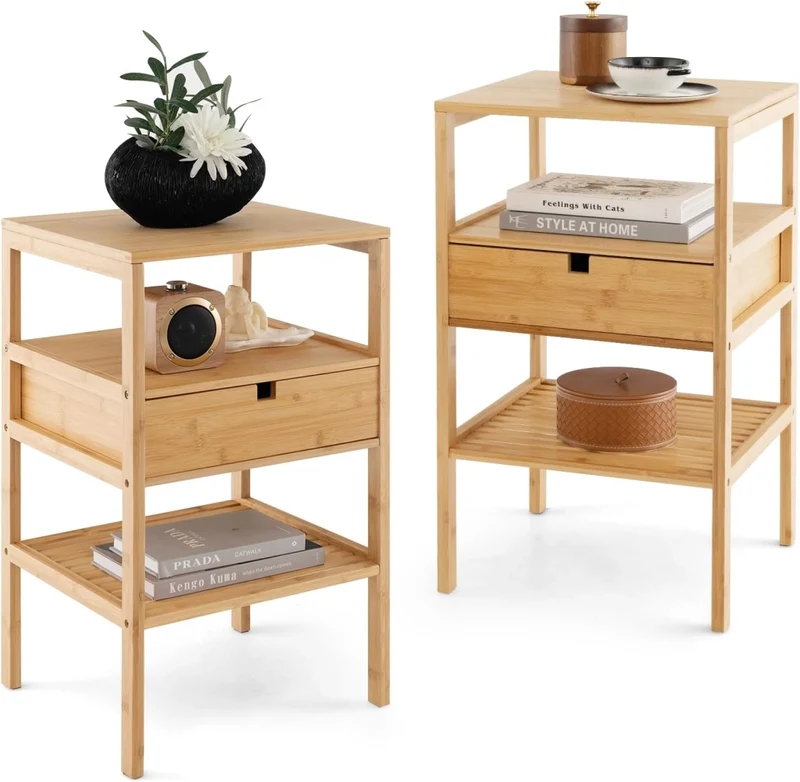 Set di 2 Comodino Tavolino con Cassetto e 3 Ripiani, Comodino Camera da Letto in Bambù, Comodino Salvaspazio Classico, per Soggiorno, Ufficio e Bagno, 40 x 40 x 68 cm (2)