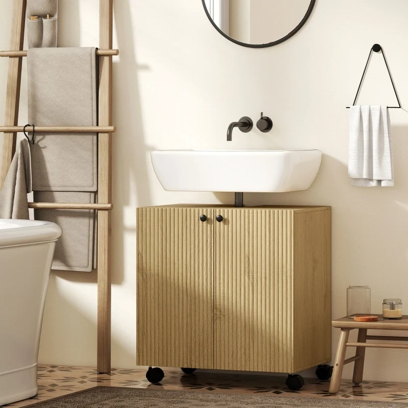 Mobile sottolavabo bagno in legno naturale con ripiano regolabile, ante soft-close e ruote