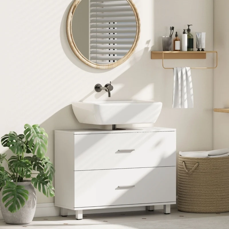 Mobile sottolavabo bagno con 2 cassetti 80x30x60 cm in truciolare e MDF bianco