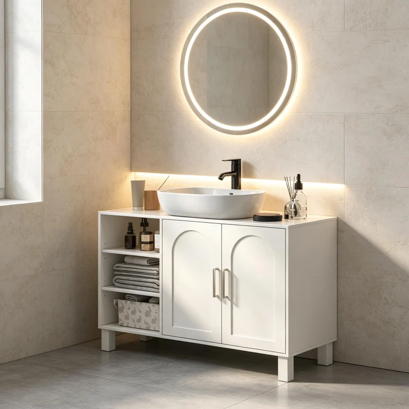 Mobile sottolavabo bagno 90x30x63 cm con ripiani e ante ad arco, crema