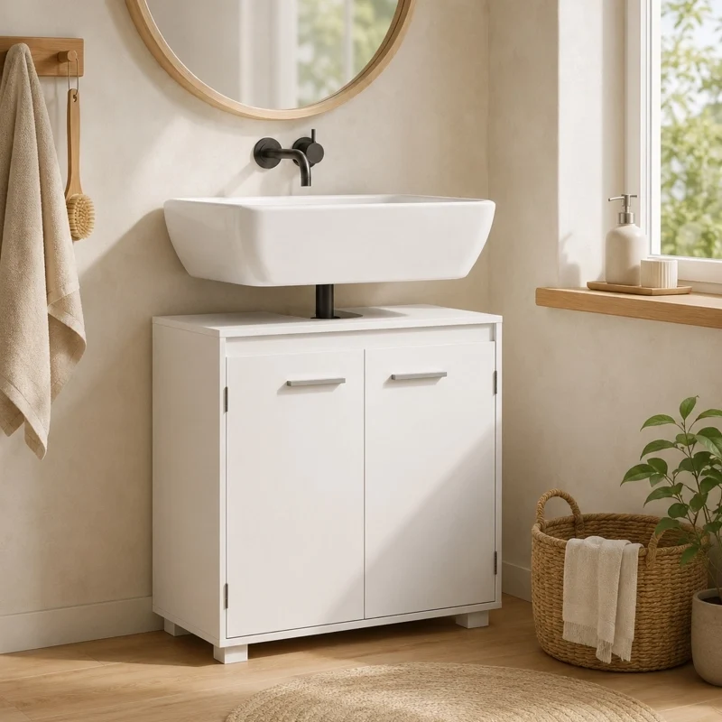 Mobile sottolavabo da bagno 60x30x60 cm in MDF bianco con ripiano regolabile