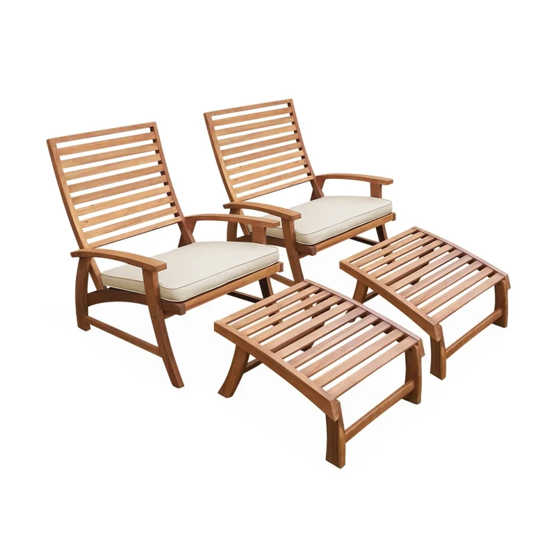 Set 2 sedie con cuscino e poggiapiedi in legno, teak