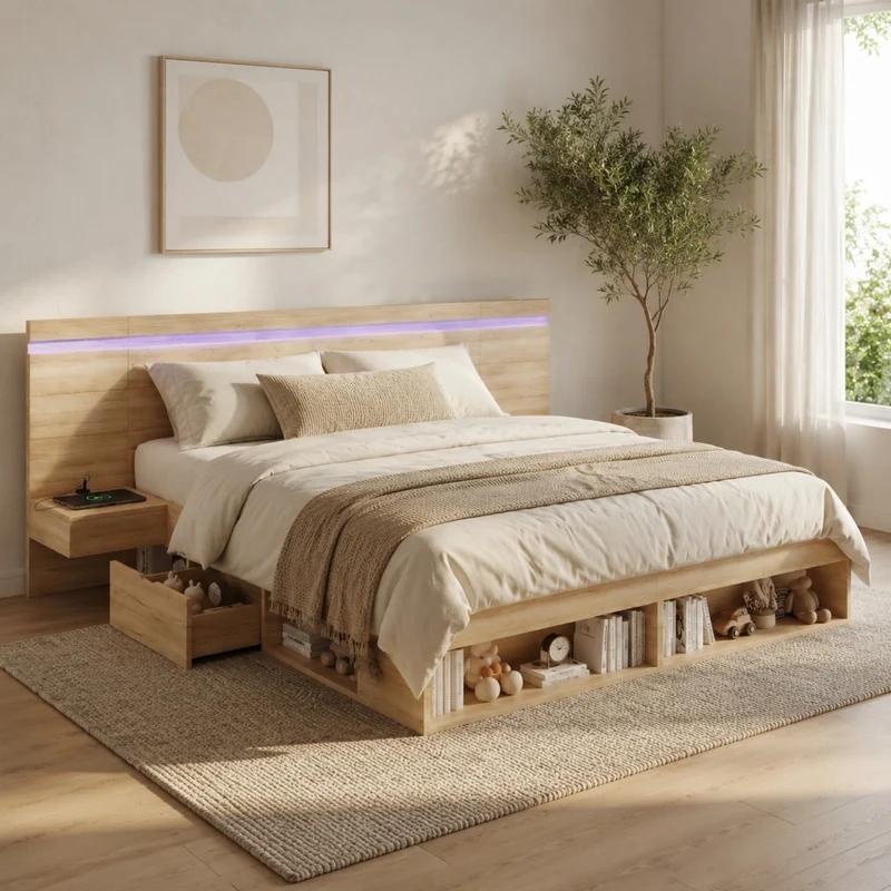 Letto matrimoniale contenitore in MDF naturale con LED; USB e USB-C; con comodini integrati