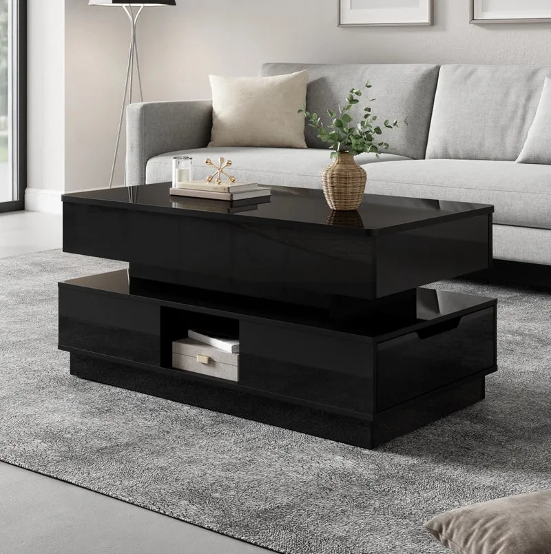 Tavolino da caffè rialzabile con LED; presa integrata e spazio contenitivo 90x48x42;5 cm; nero