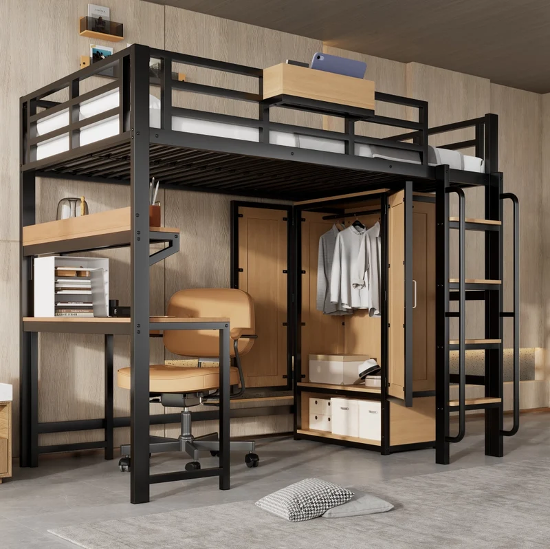 Letto a soppalco 90x200 cm in metallo e MDF nero e naturale con armadio; scrivania e scaffale