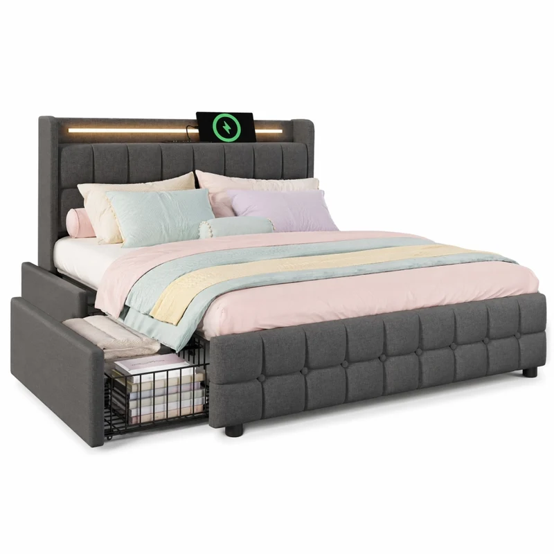 Letto matrimoniale imbottito 160x200 cm con LED; prese USB e 4 cassetti; grigio