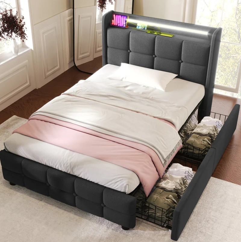 Letto singolo 90x200 cm con testiera USB; luci LED e 2 cassetti; grigio