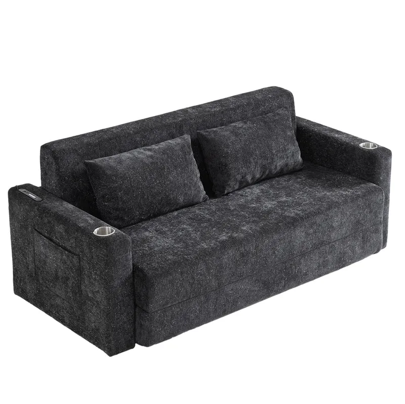 Divano letto 2 in 1 pieghevole con USB; portabicchieri e tasche laterali; nero e grigio; 80x50x50 cm