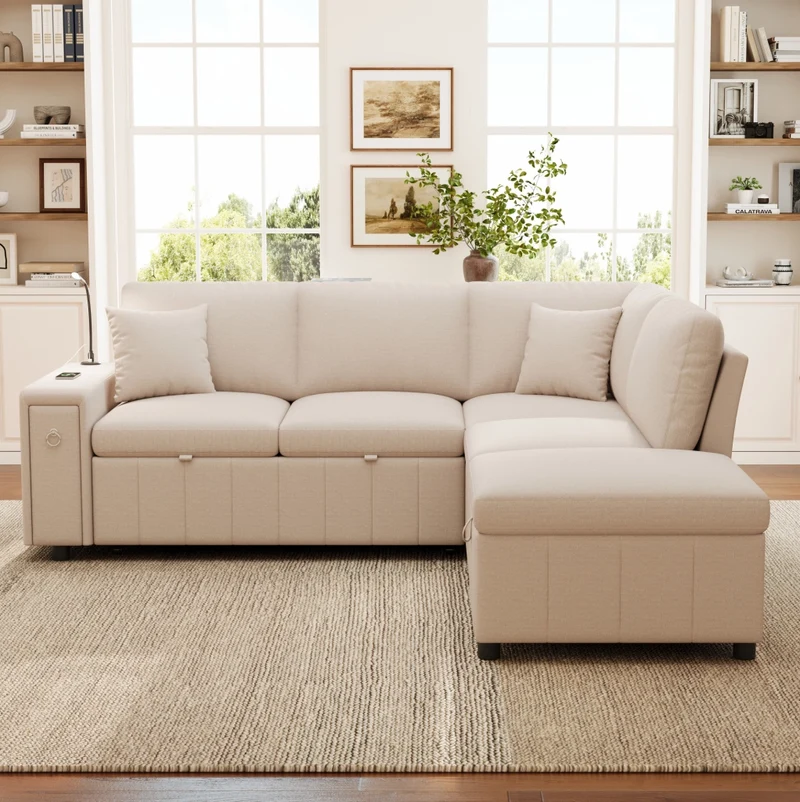 Divano angolare L convertibile con letto; pouf contenitore e lampada LED; 213x184x88 cm; beige in lino