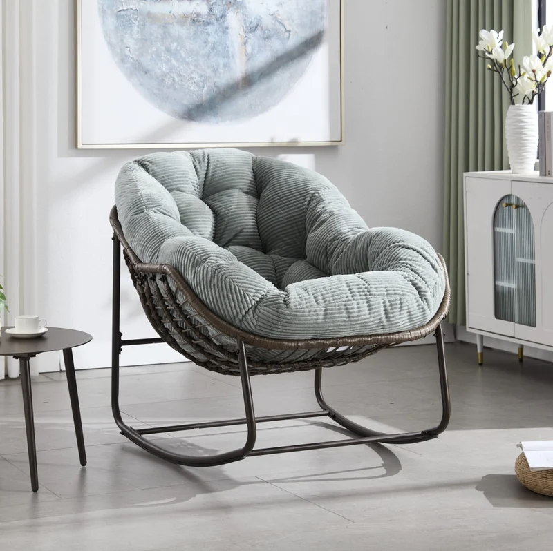Sedia a dondolo in rattan sintetico con cuscino; 78x106x90 cm; verde