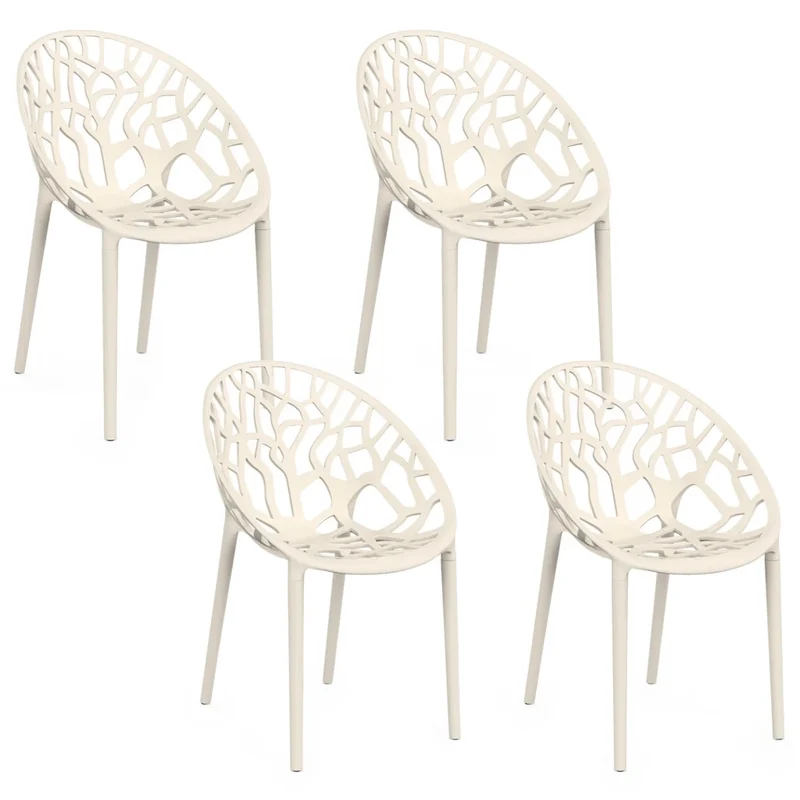 IDMarket - Set di 4 sedie da giardino impilabili AMIRA in polipropilene beige con motivo organico